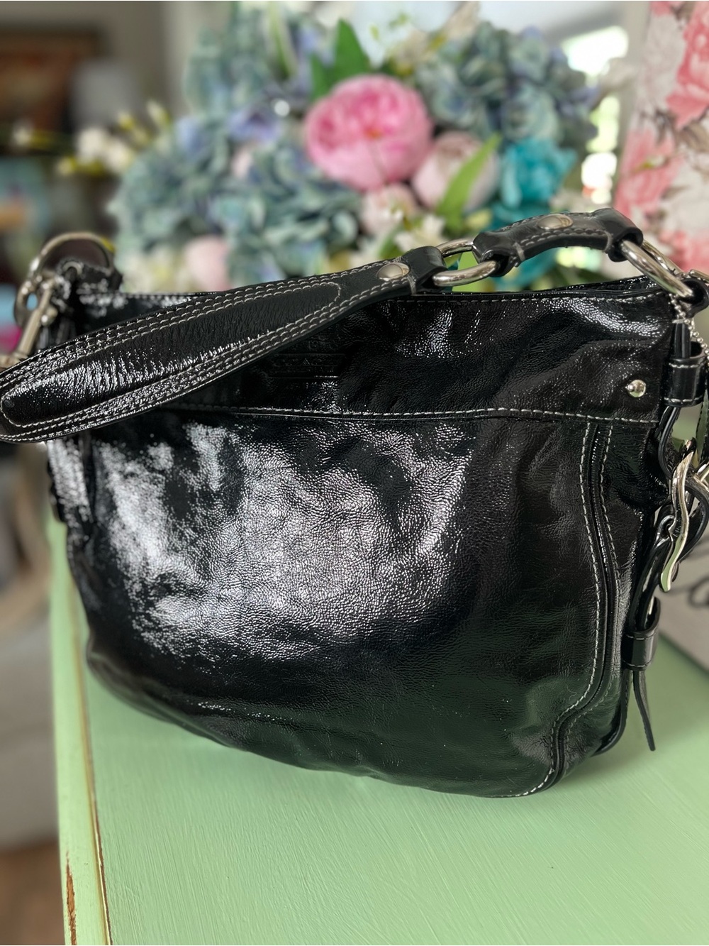 Coach Black Leather Shoulder Bag Purse Silver